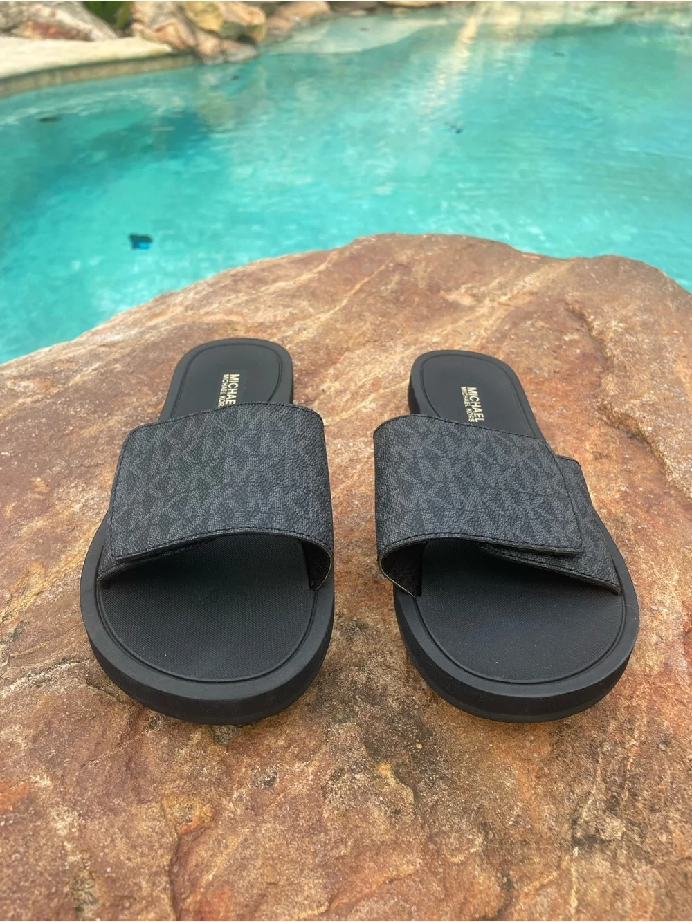 Michael Kors “Eva” MK Signature Logo Print Wade Slide Sandals NEW! (TSE)